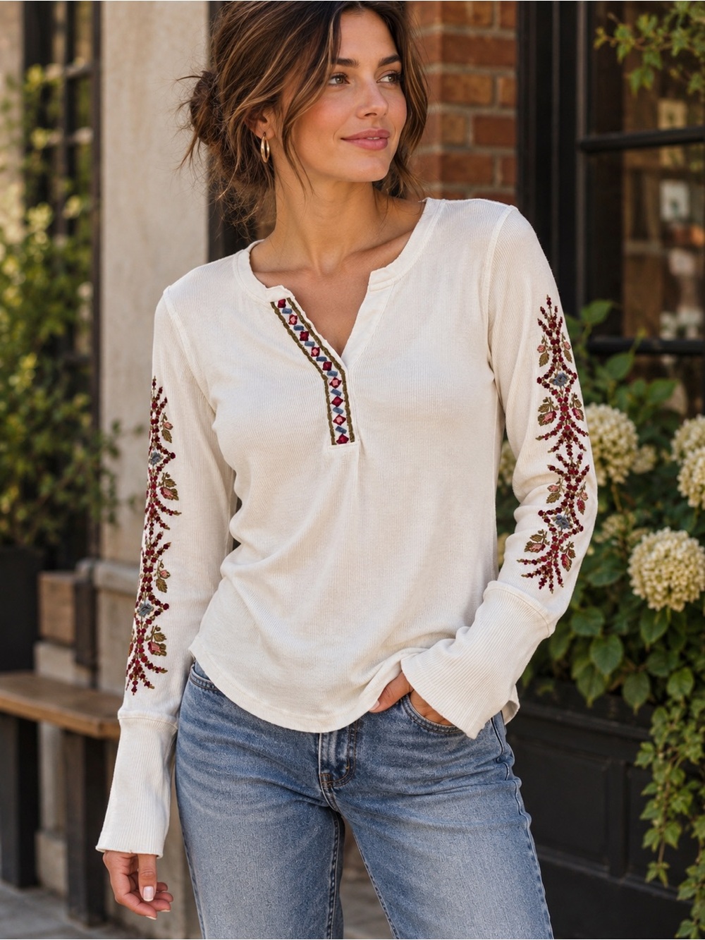 Sundance Embroidered Thermal Henley Top Small Ivory Floral Boho Cotton